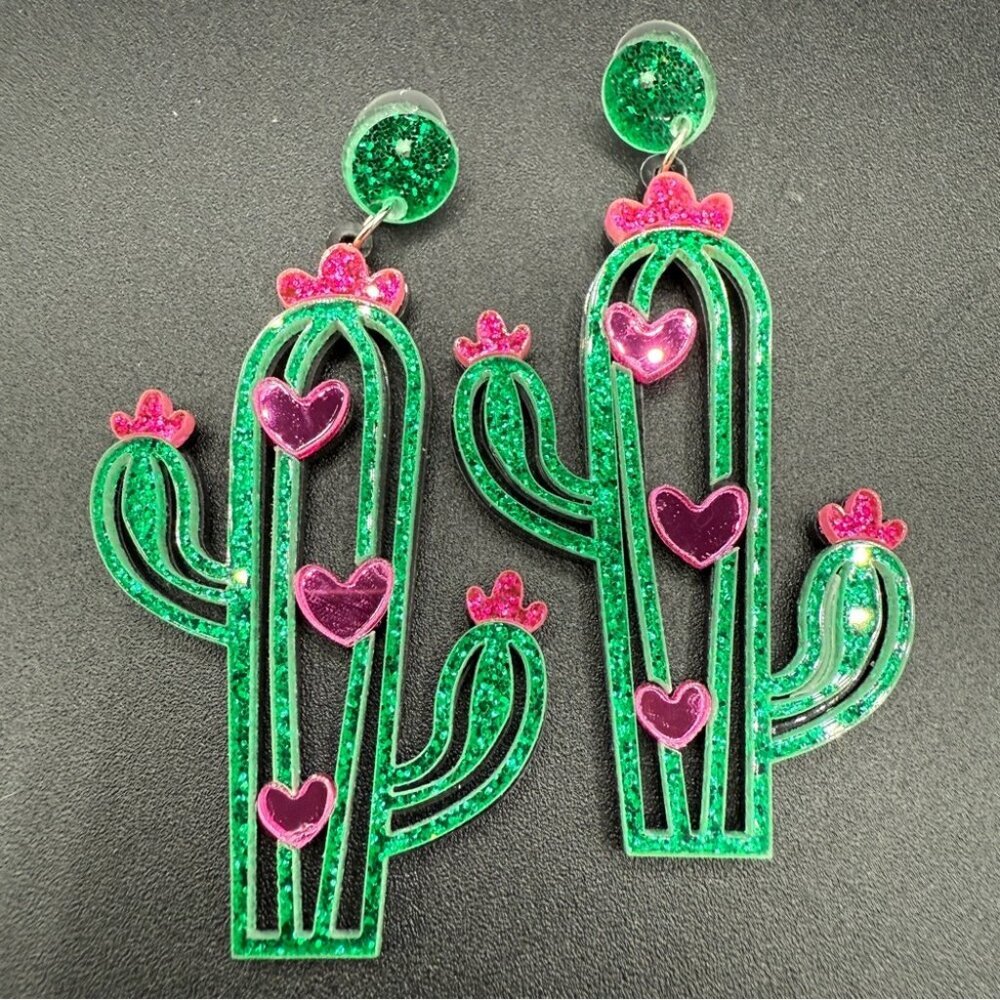 Green and Pink Cactus Earrings - Pierced - Picture 3 of 6